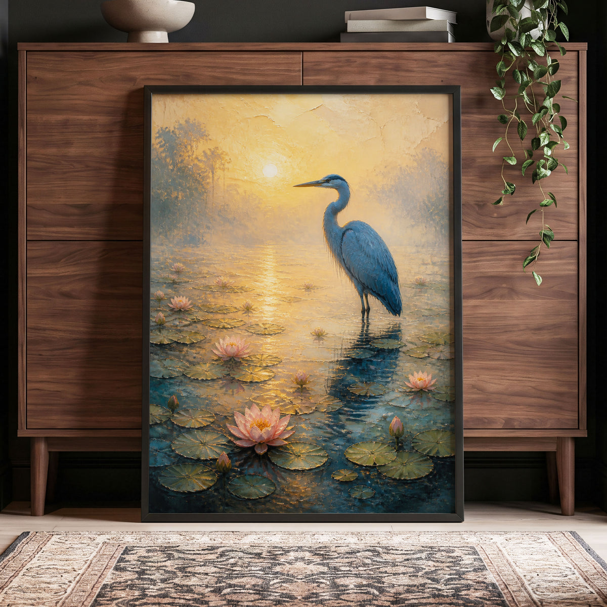 Heron at Golden Dawn, blue, gold, pink nature wall art displayed in a styled interior, gallery view 5