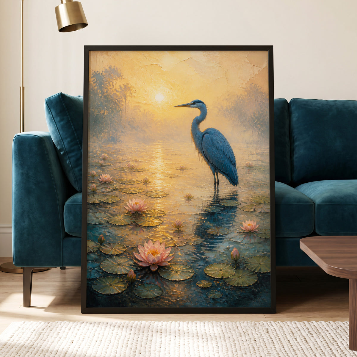 Heron at Golden Dawn, blue, gold, pink nature wall art displayed in a styled interior, gallery view 6