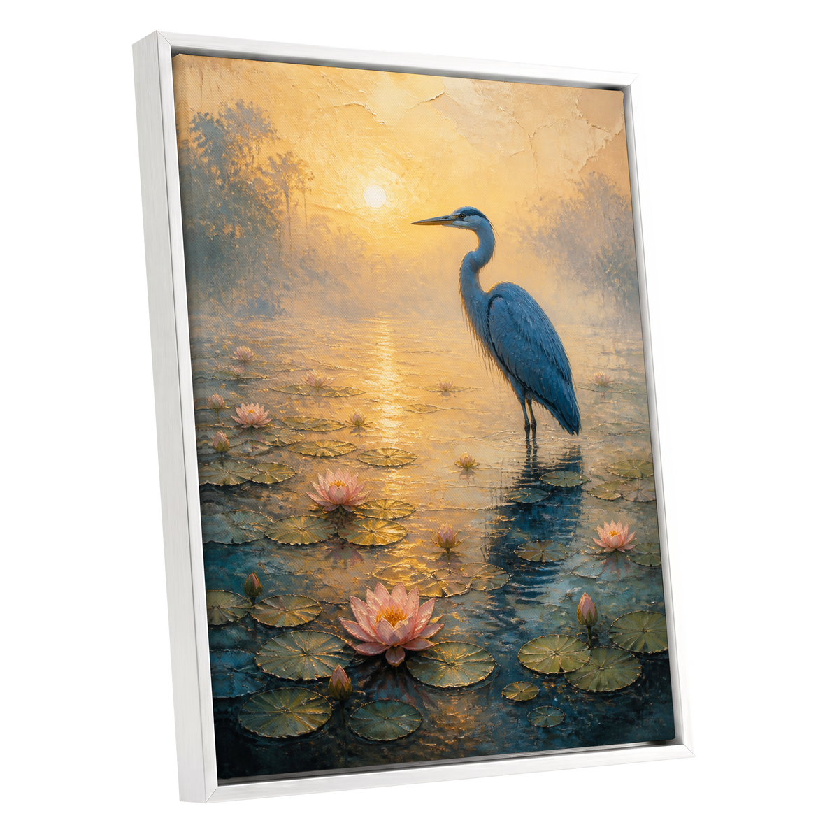 Heron at Golden Dawn, blue, gold, pink nature wall art shown as a white framed canvas wall art