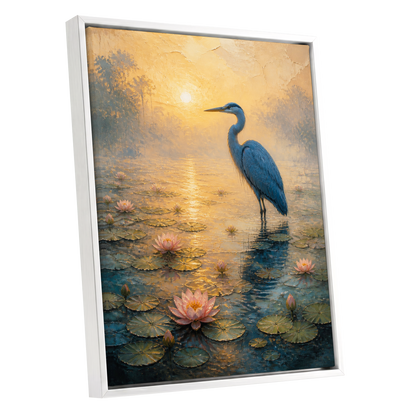 Heron at Golden Dawn, blue, gold, pink nature wall art shown as a white framed canvas wall art
