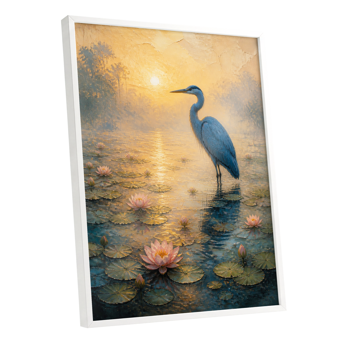 Heron at Golden Dawn, blue, gold, pink nature wall art shown as a white framed poster wall art print