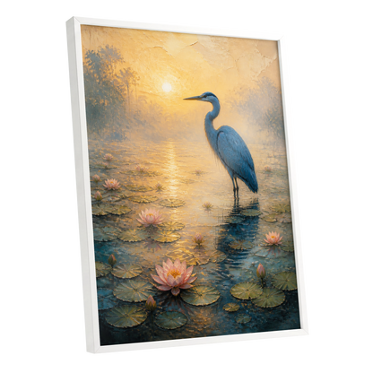 Heron at Golden Dawn, blue, gold, pink nature wall art shown as a white framed poster wall art print