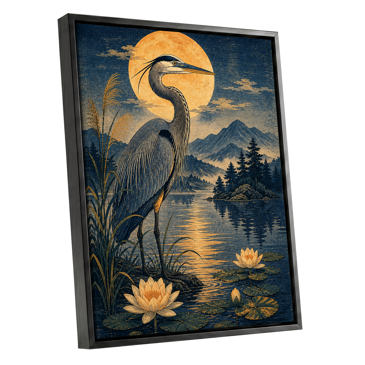 Heron in Golden Moonlight, blue, gold, beige nature wall art shown as a black framed canvas wall art