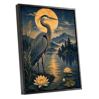 Heron in Golden Moonlight, blue, gold, beige nature wall art shown as a black framed canvas wall art