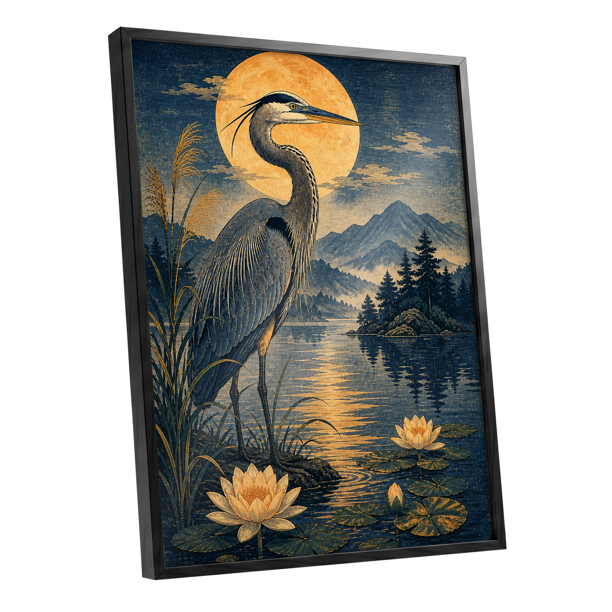 Heron in Golden Moonlight, blue, gold, beige nature wall art shown as a black framed poster wall art print