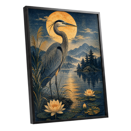 Heron in Golden Moonlight, blue, gold, beige nature wall art shown as a black framed poster wall art print
