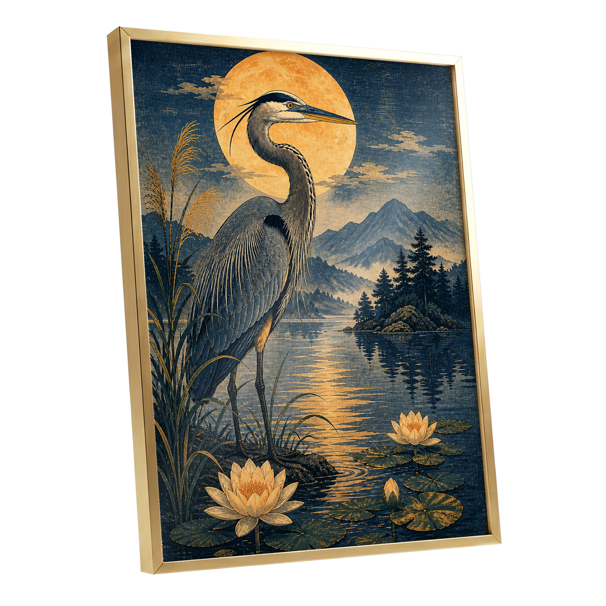 Heron in Golden Moonlight, blue, gold, beige nature wall art shown as a gold framed poster wall art print