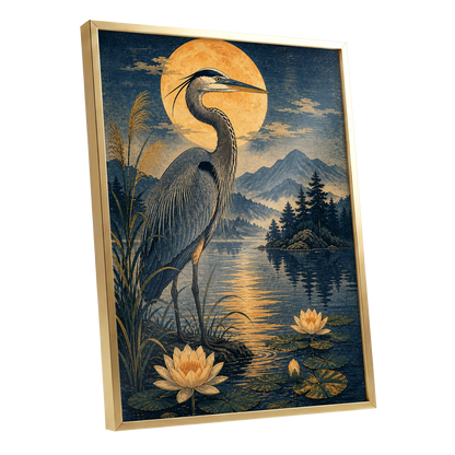 Heron in Golden Moonlight, blue, gold, beige nature wall art shown as a gold framed poster wall art print