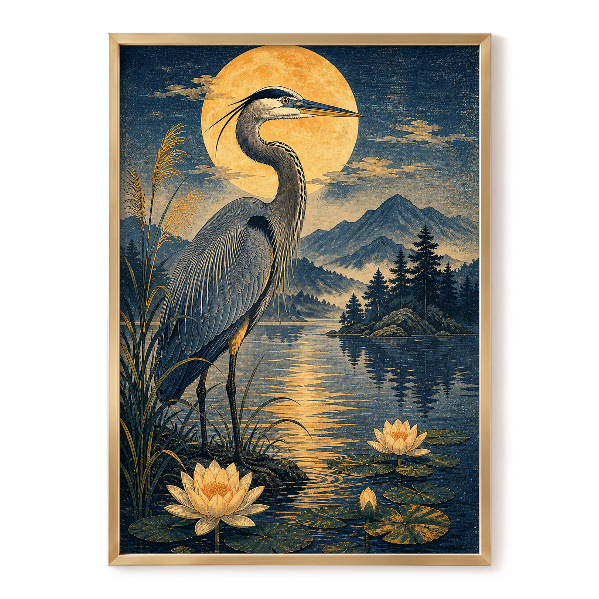 Heron in Golden Moonlight, blue, gold, beige nature wall art, front artwork view