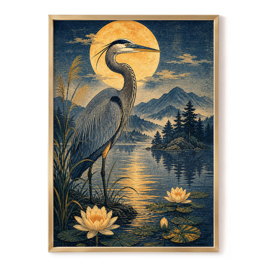 Heron in Golden Moonlight, blue, gold, beige nature wall art, front artwork view