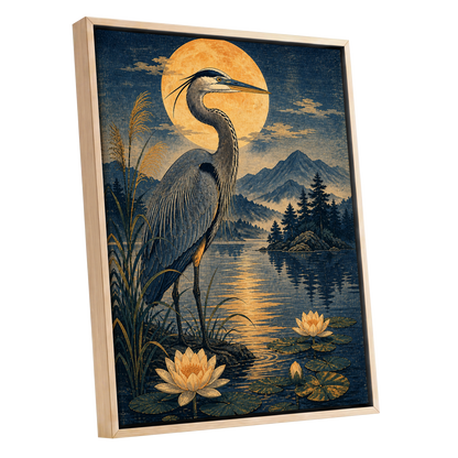 Heron in Golden Moonlight, blue, gold, beige nature wall art shown as a oak framed canvas wall art