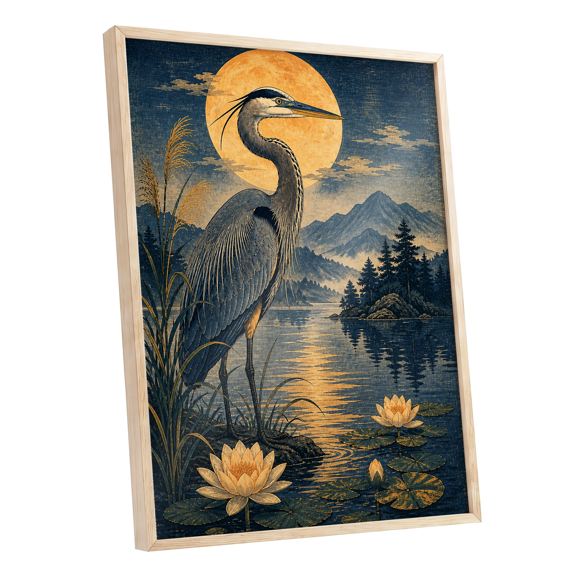 Heron in Golden Moonlight, blue, gold, beige nature wall art shown as a oak framed poster wall art print