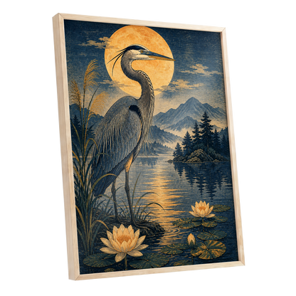 Heron in Golden Moonlight, blue, gold, beige nature wall art shown as a oak framed poster wall art print