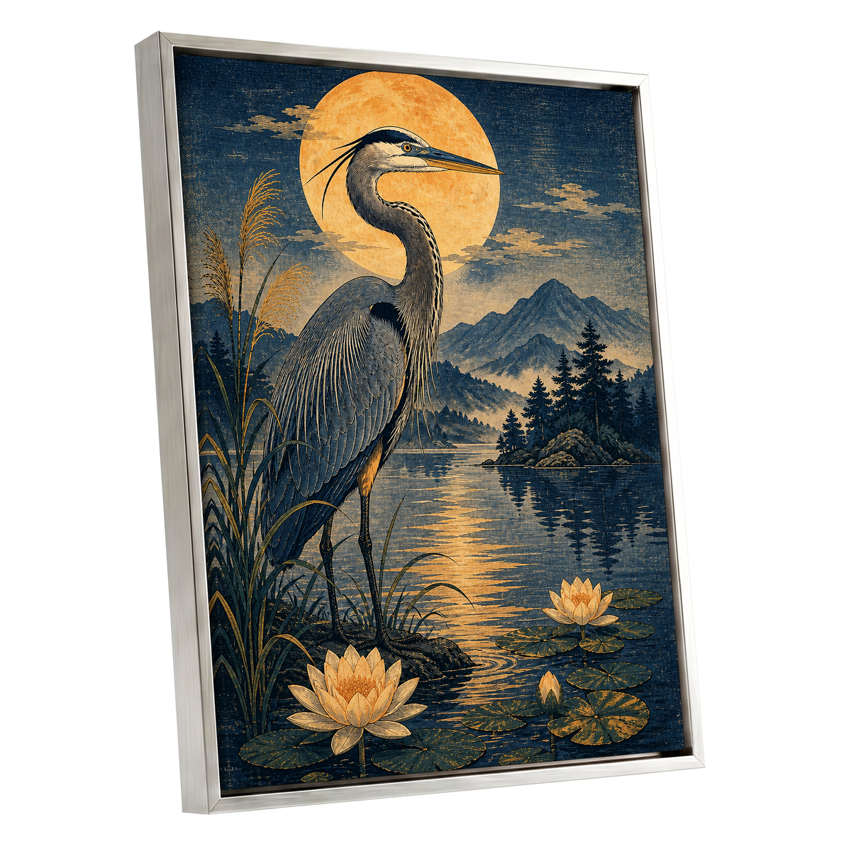 Heron in Golden Moonlight, blue, gold, beige nature wall art shown as a silver framed canvas wall art
