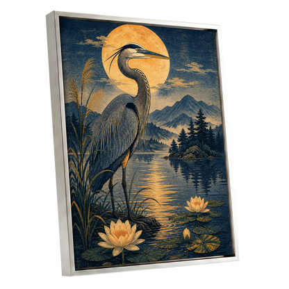 Heron in Golden Moonlight, blue, gold, beige nature wall art shown as a silver framed canvas wall art