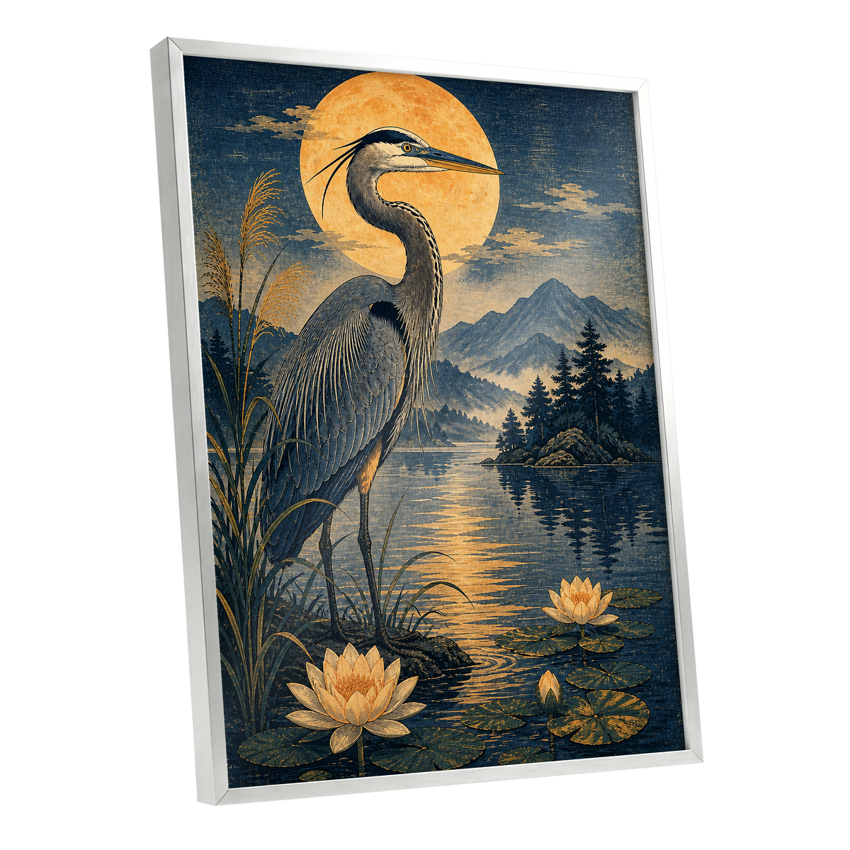 Heron in Golden Moonlight, blue, gold, beige nature wall art shown as a silver framed poster wall art print