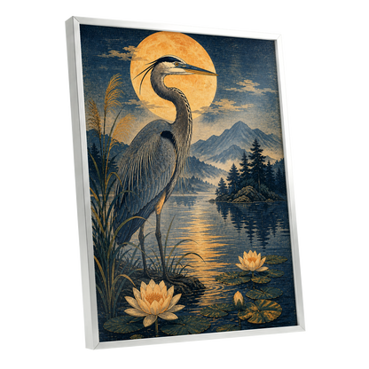 Heron in Golden Moonlight, blue, gold, beige nature wall art shown as a silver framed poster wall art print