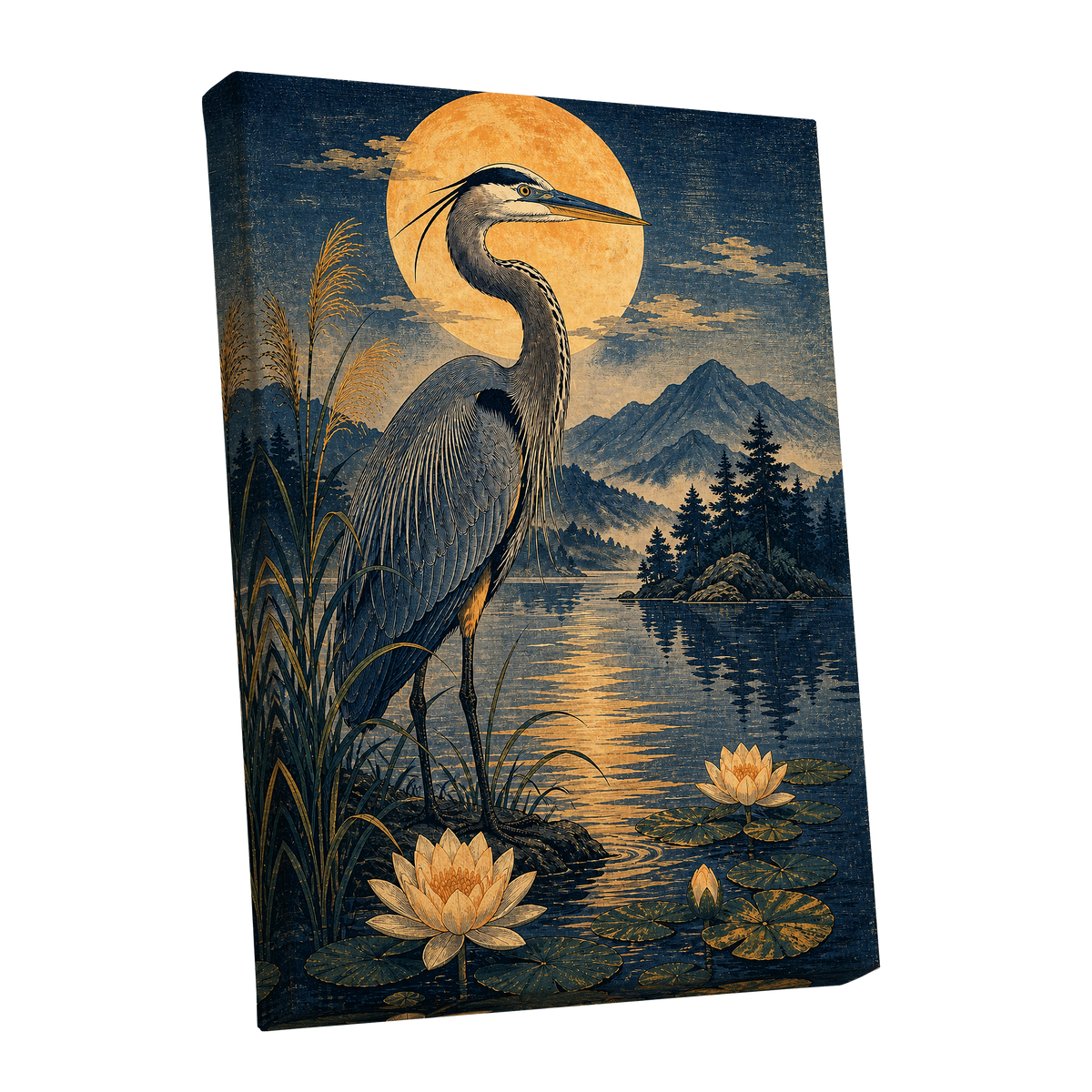 Heron in Golden Moonlight, blue, gold, beige nature wall art shown as a stretched canvas wall art