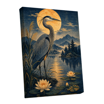 Heron in Golden Moonlight, blue, gold, beige nature wall art shown as a stretched canvas wall art