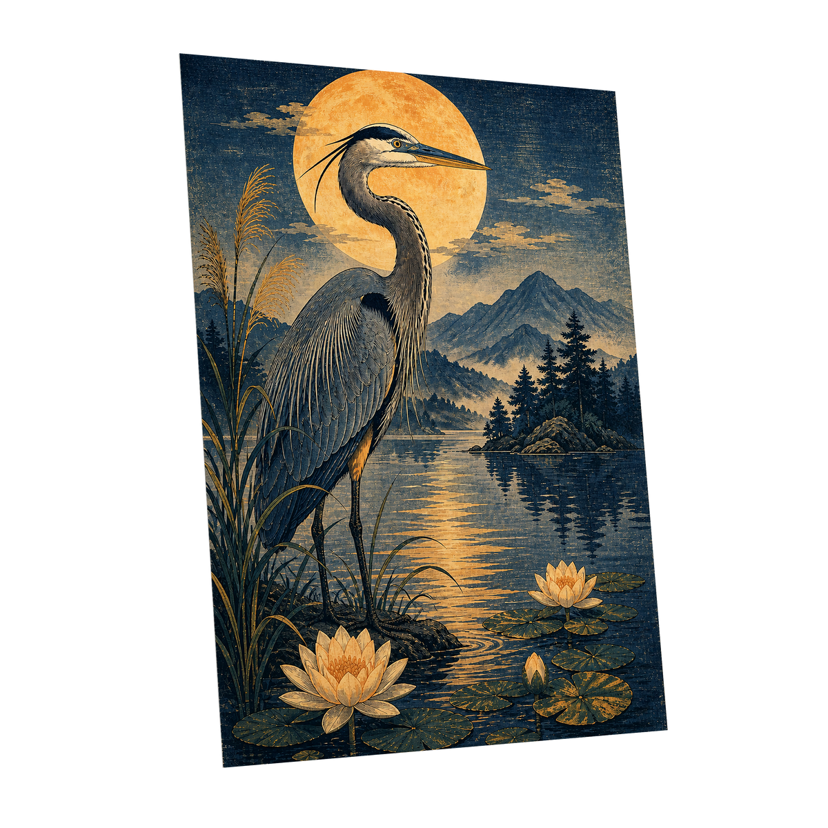 Heron in Golden Moonlight, blue, gold, beige nature wall art shown as a unframed poster wall art print