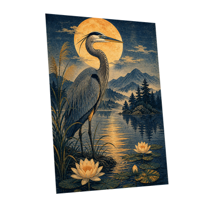 Heron in Golden Moonlight, blue, gold, beige nature wall art shown as a unframed poster wall art print