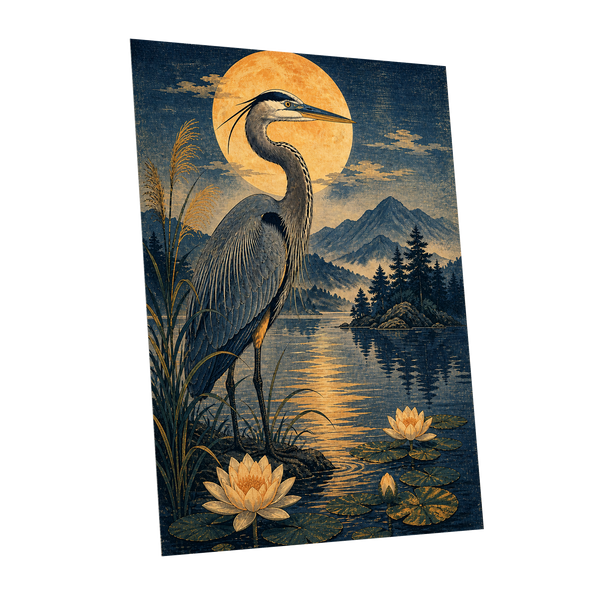 Heron in Golden Moonlight, blue, gold, beige nature wall art shown as a unframed poster wall art print