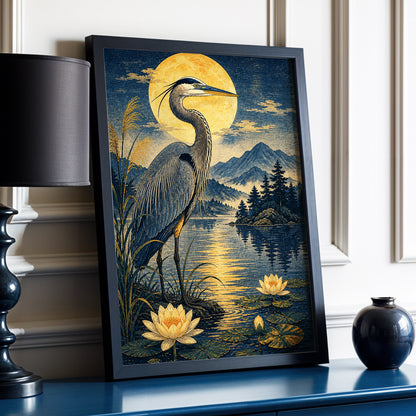 Heron in Golden Moonlight, blue, gold, beige nature wall art displayed in a styled interior, gallery view 2