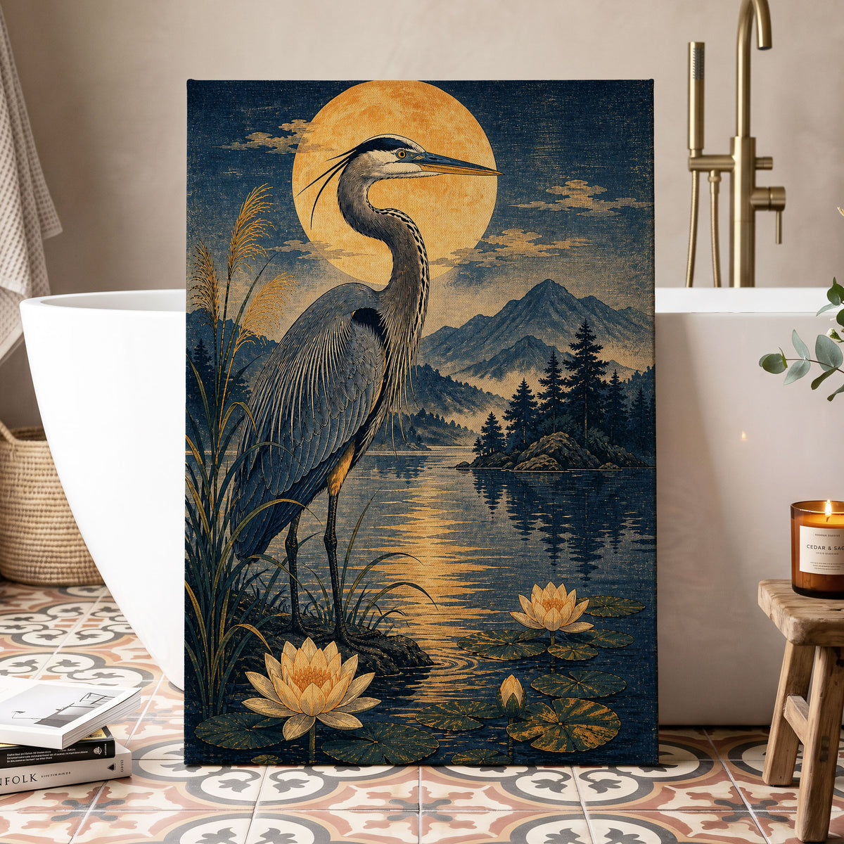 Heron in Golden Moonlight, blue, gold, beige nature wall art displayed in a styled interior, gallery view 3