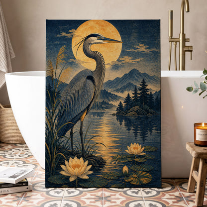 Heron in Golden Moonlight, blue, gold, beige nature wall art displayed in a styled interior, gallery view 3