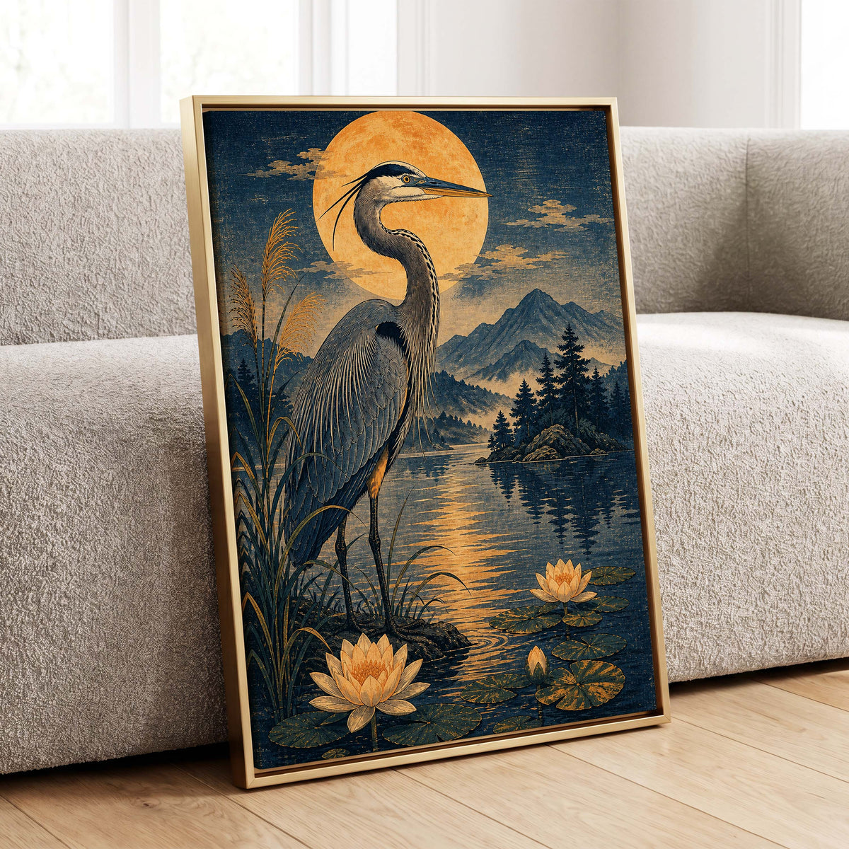 Heron in Golden Moonlight, blue, gold, beige nature wall art displayed in a styled interior, gallery view 4