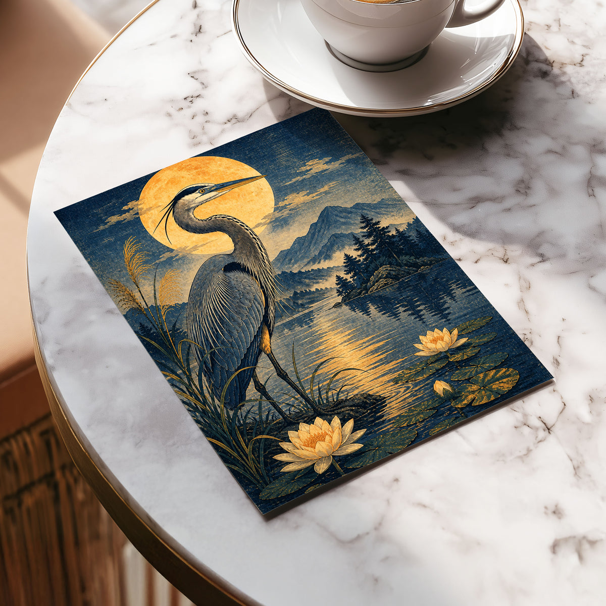 Heron in Golden Moonlight, blue, gold, beige nature wall art displayed in a styled interior, gallery view 5