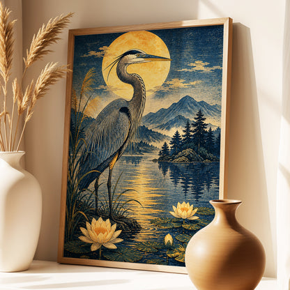 Heron in Golden Moonlight, blue, gold, beige nature wall art displayed in a styled interior, gallery view 6