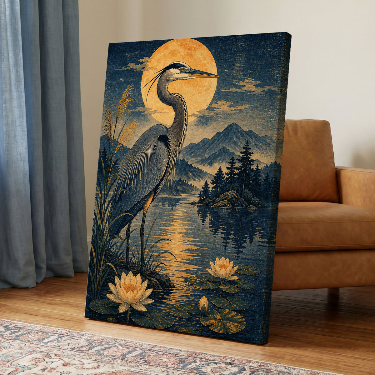 Heron in Golden Moonlight, blue, gold, beige nature wall art displayed in a styled interior, gallery view 7