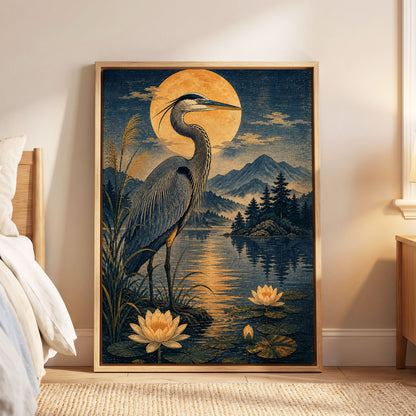 Heron in Golden Moonlight, blue, gold, beige nature wall art displayed in a styled interior, gallery view 8