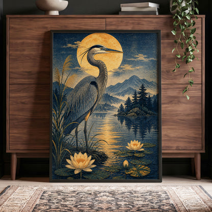 Heron in Golden Moonlight, blue, gold, beige nature wall art displayed in a styled interior, gallery view 9