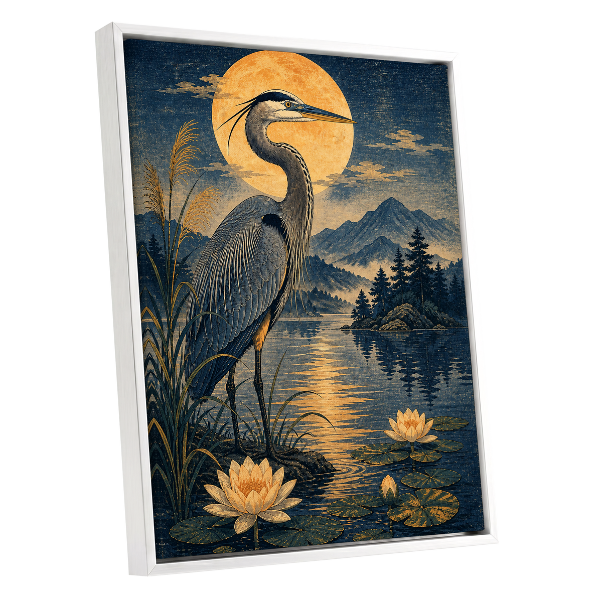 Heron in Golden Moonlight, blue, gold, beige nature wall art shown as a white framed canvas wall art