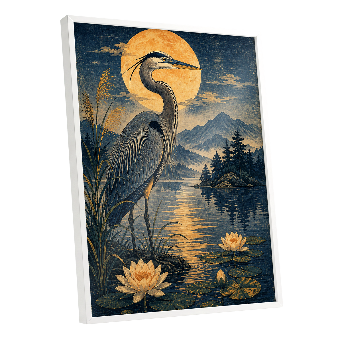 Heron in Golden Moonlight, blue, gold, beige nature wall art shown as a white framed poster wall art print