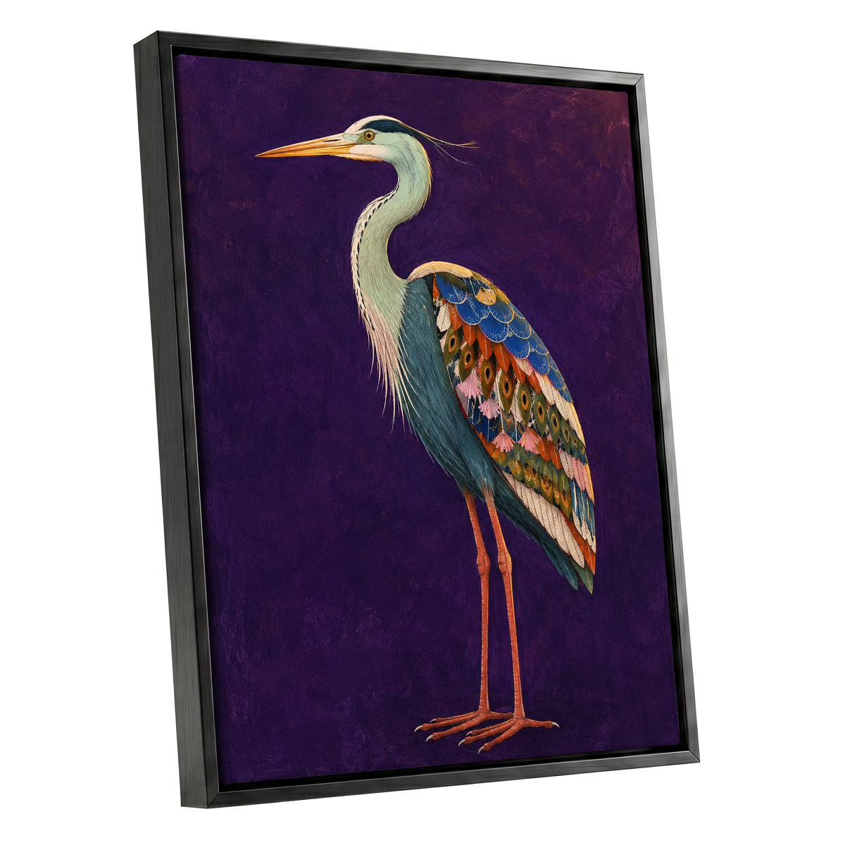 Heron in Jewel Tones, purple, blue, green nature wall art shown as a black framed canvas wall art