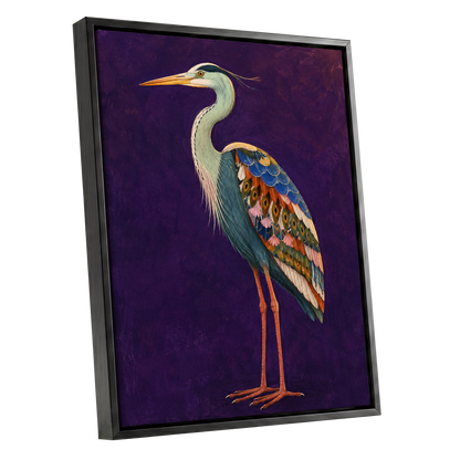 Heron in Jewel Tones, purple, blue, green nature wall art shown as a black framed canvas wall art