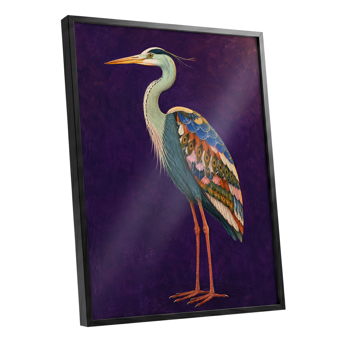Heron in Jewel Tones, purple, blue, green nature wall art shown as a black framed poster wall art print