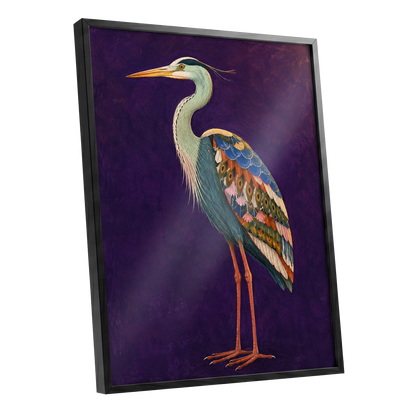 Heron in Jewel Tones, purple, blue, green nature wall art shown as a black framed poster wall art print