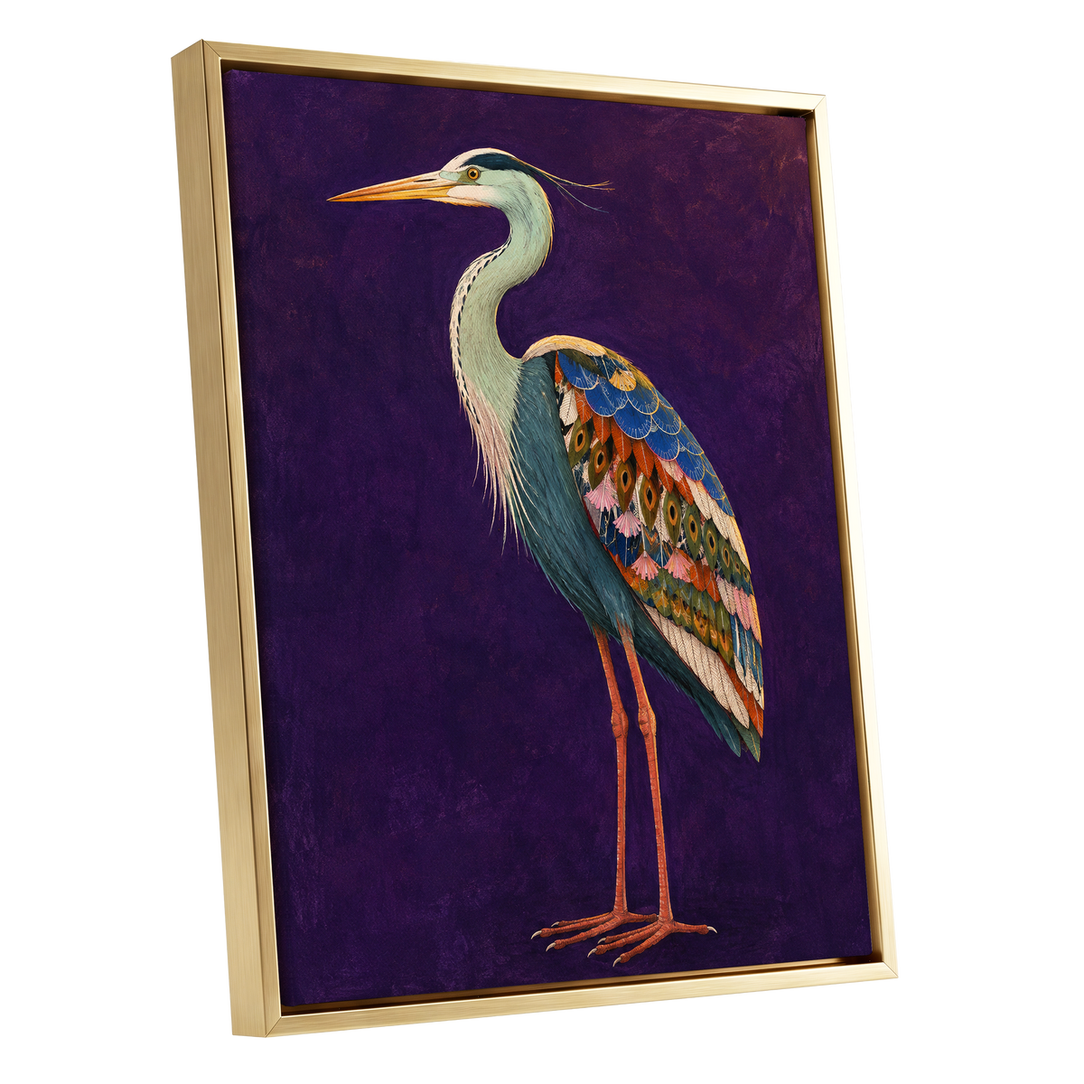 Heron in Jewel Tones, purple, blue, green nature wall art shown as a gold framed canvas wall art