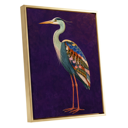 Heron in Jewel Tones, purple, blue, green nature wall art shown as a gold framed canvas wall art