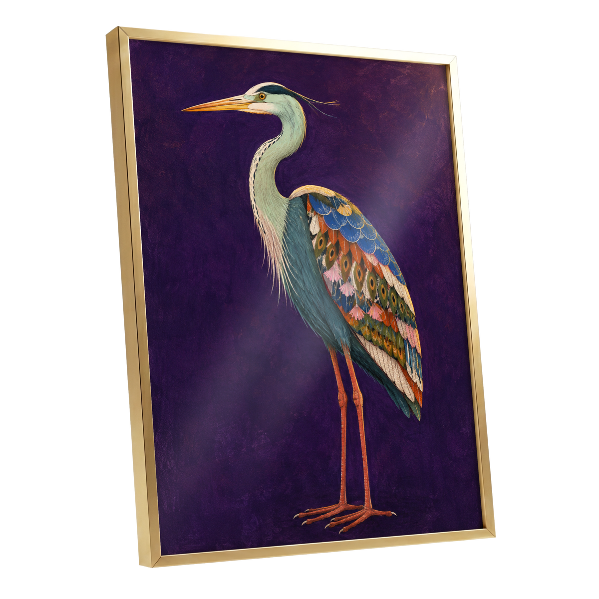 Heron in Jewel Tones, purple, blue, green nature wall art shown as a gold framed poster wall art print