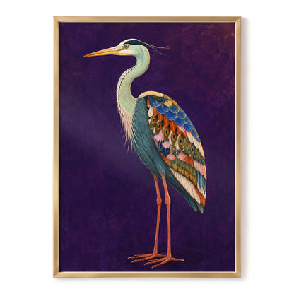 Heron in Jewel Tones, purple, blue, green nature wall art, front artwork view