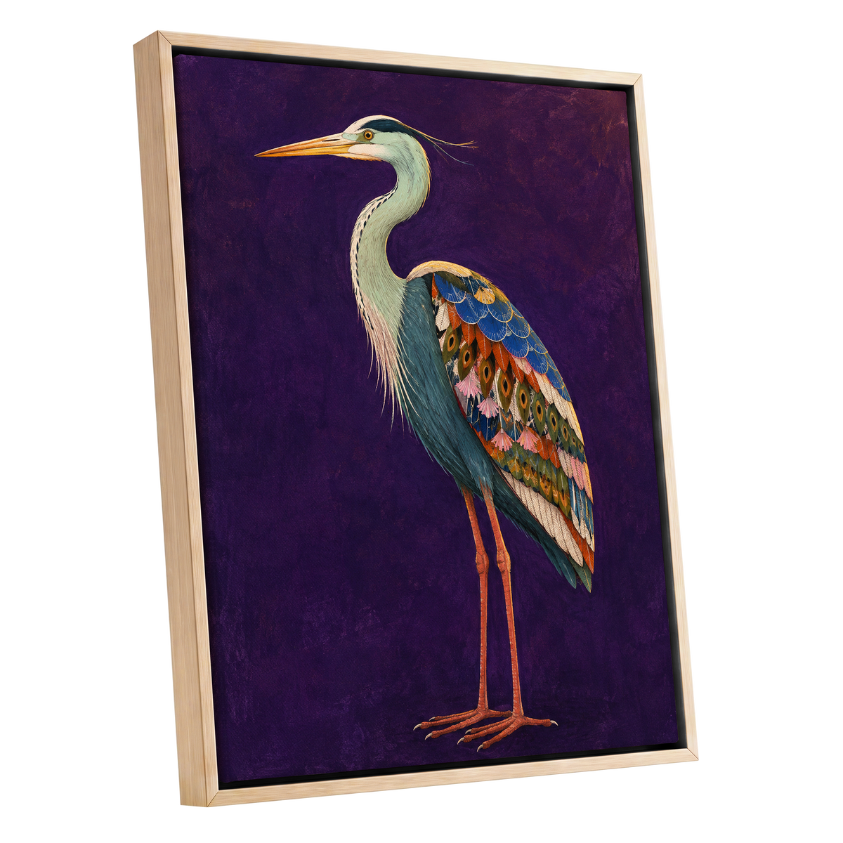 Heron in Jewel Tones, purple, blue, green nature wall art shown as a oak framed canvas wall art