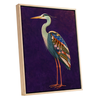 Heron in Jewel Tones, purple, blue, green nature wall art shown as a oak framed canvas wall art
