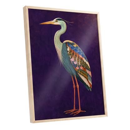 Heron in Jewel Tones, purple, blue, green nature wall art shown as a oak framed poster wall art print