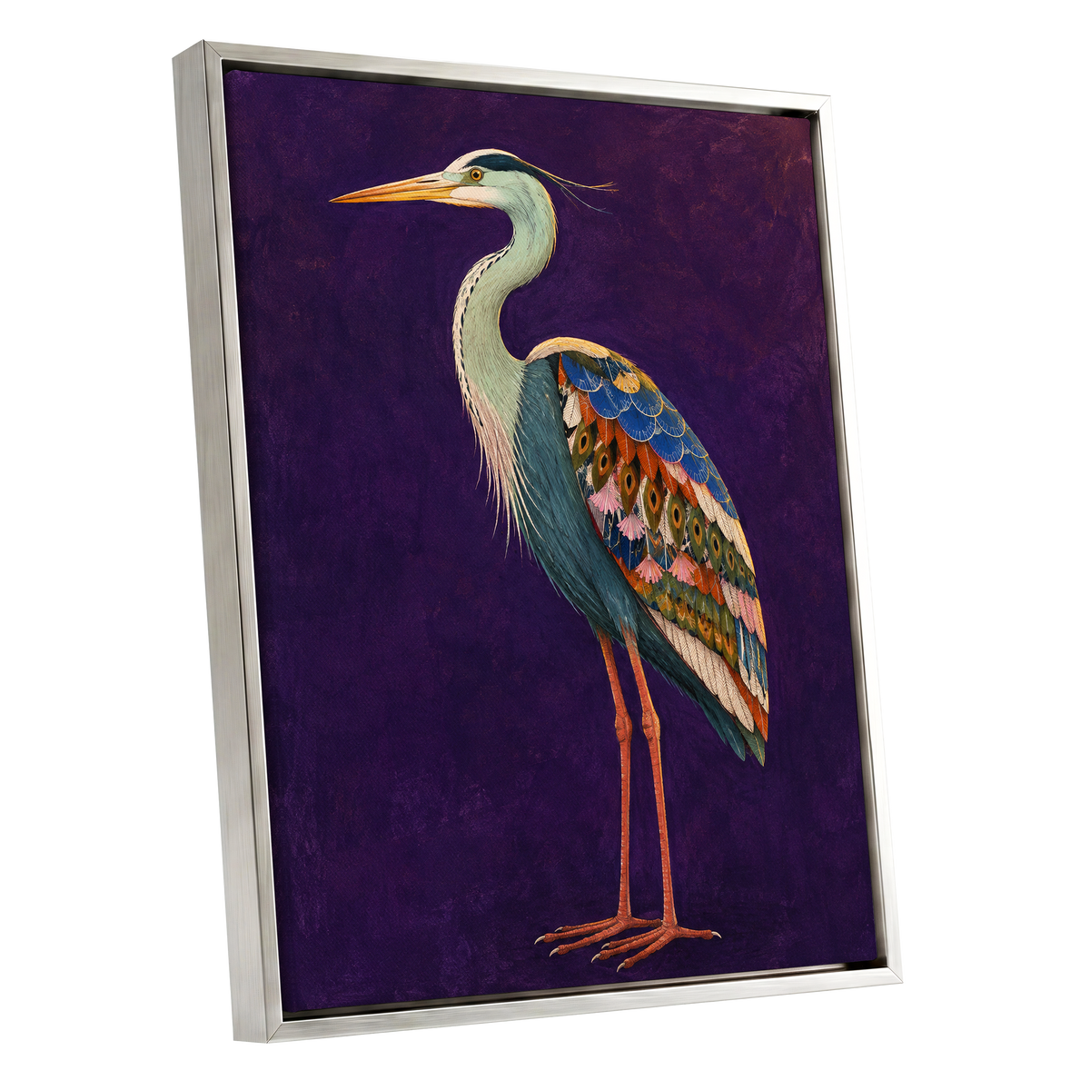 Heron in Jewel Tones, purple, blue, green nature wall art shown as a silver framed canvas wall art