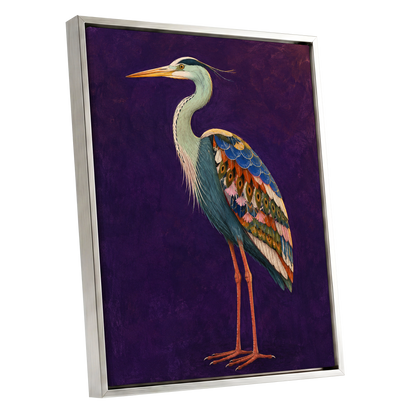 Heron in Jewel Tones, purple, blue, green nature wall art shown as a silver framed canvas wall art